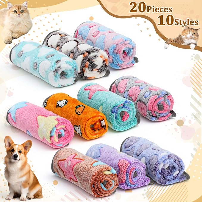 20 Pcs Puppy Blanket Bulk Soft Fluffy Flannel Pets Fleece Blankets for Small Dogs Throw Warm Bed Washable Sleep Mat Bed for Shelter Stray Dog Puppy Cat, 16x24 Inches