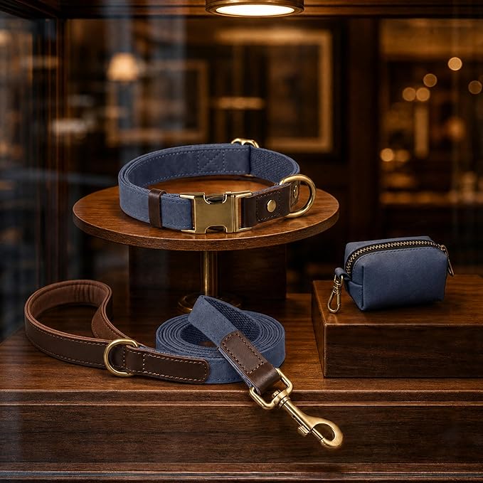 Didog Soft PU Leather Dog Collars for Medium Dogs,Classic Adjustable Dog Collars with Quick Release Metal Buckle,Easy Clean and Comfortable with Nylon Lining,Blue,M Neck 14-19"
