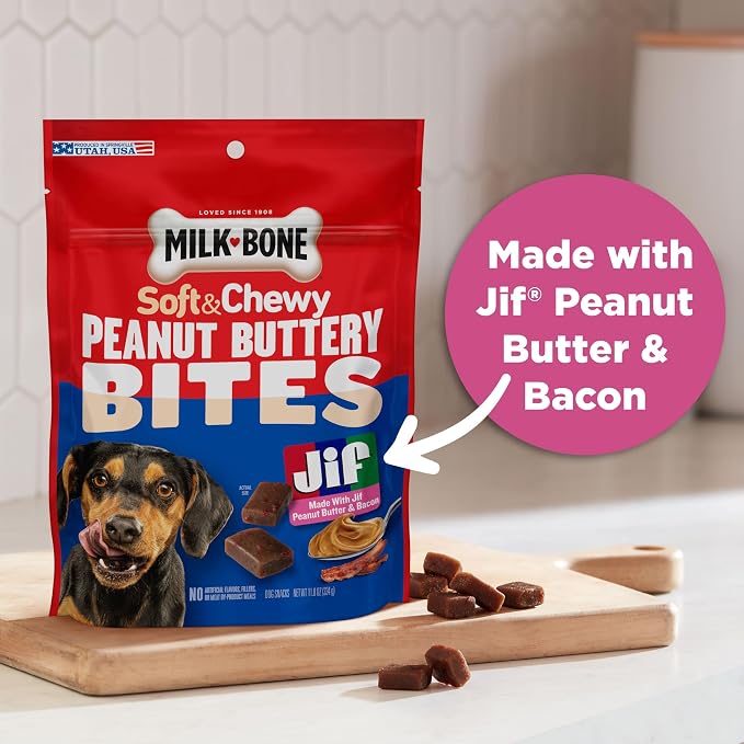 Milk-Bone Peanut Buttery Bites Soft Dog Treats with Jif Peanut Butter,11.8-Oz. Bag,(Pack of 2)