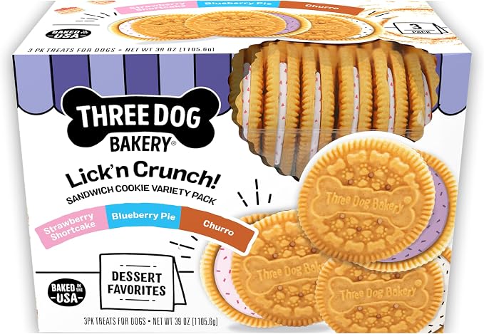 Three Dog Bakery Lick’n Crunch! Dessert Favorites Dog Treats Variety Pack, Crunchy Sandwich Dog Cookies with Churro, Blueberry Pie & Strawberry Shortcake Cream Fillings, 13 oz