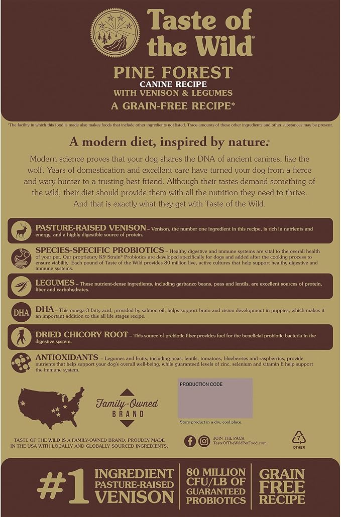 Taste of the Wild Pine Forest Grain-Free Recipe with Roasted Venison Dry Dog Food for All Life Stages, Made with Protein from Real Venison, Superfoods and Guaranteed Nutrients Like Probiotics 5lb