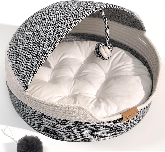 CHEERPALS Cat Basket Bed with Washable Cushion and Ball Rope Cotton, Covered Pet Bed for Indoor Cats Cave Bed Hooded, Stimulicat Cat Bed Handwoven Breathable, All Season Universal(Blue)