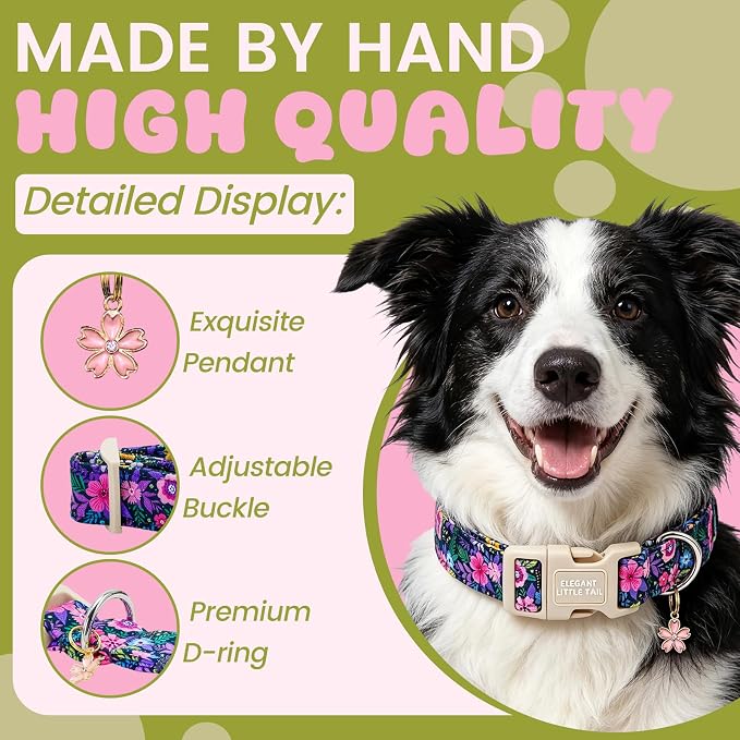 Elegant little tail Dog Collar, Pink Floral Pet Dog Collars Female Cotton Puppy Cute Summer Holiday Adjustable Pet Collar with Sturdy Quick Release Buckle for Small Medium Large Dogs