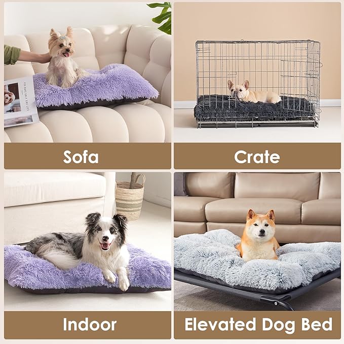 EHEYCIGA Fluffy Dog Crate Bed for Medium Dogs, Plush Faux Fur Crate Pad, Calming Anti Anxiety Medium Dog Bed, Washable Soft Warm Mat with Non-Slip Bottom, Purple