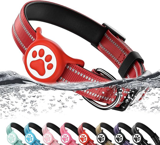 Airtag Dog Collar, Reflective Ultra-Durable Nylon Padded with QR Code Buckle & IP68 Waterproof Air Tag Holder Compatible for Apple AirTag, Comfortable for Small Medium Large Dogs(Red,L)