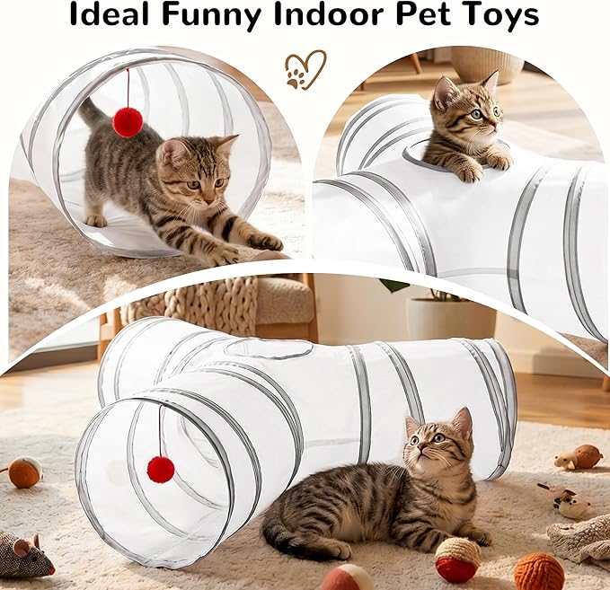 Tempcore Cat Tunnel for Indoor Cats, 3 Way Collapsible Pet Play Tunnel with Teaser Wand, Peek Holes & Hanging Ball, Interactive Tube for Kittens & Rabbits, White & Light Grey