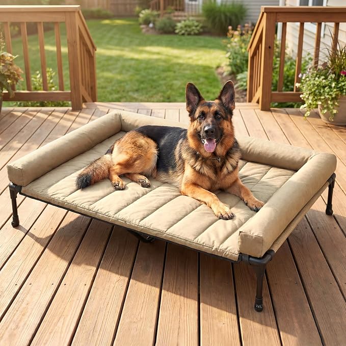 Veehoo Cooling Elevated Dog Bed Add Removable Waterproof Bolster Cushion Mat, Raised Pet Cot with Breathable Teslin Mesh, No-Slip Feet, Dog Couch Bed for Indoor Outdoor, 53 inches, Beige Coffee