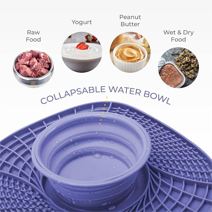 BelleBête & Co. 3-in-1 Pet Slow Feeder Bowl Lick Mat with Collapsible Bowl for Dog & Cat – Food-Grade Material & Non-Slip Base for Kibble, Dry and Wet Food, Digestive Health & Reduce Anxiety | Pink