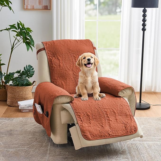Orange Quilted TV Recliner Covers, Waterproof Medium Recliner Chair Covers, Lazy Boy Chair Covers, Pet Friendly Recliner Slipcover for Dogs, Washable Couch Cover (Recliner 26", Burnt Orange)
