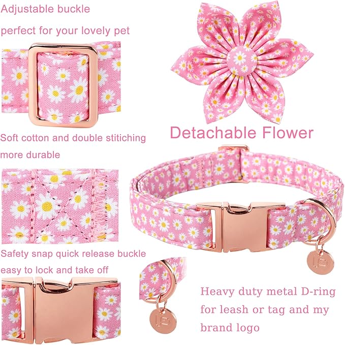 Summer Dog Collar with Flower, Cotton Cute Flower Dog Collar, Pink Flower Collar for Puppy Boy Girl Dog or Cat, Comfortable Blue Dog Collar with Metal Buckle, XS