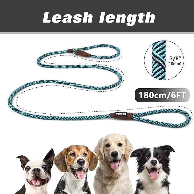 PetiFine Slip Lead 6FT x 3/8" Reflective Durable Dog Training Leash, Heavy Duty Adjustable Nylon Dog Rope Leash for Small Medium Large Dogs (Blue)