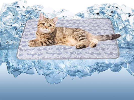 DELIFUR Cat Cooling Mat- Pet Cooling Mat Outdoor for Dogs Self Cooling Pad for Kitten Cat Puppy Machine Washable (Small, Grey Fishbone)
