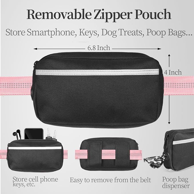 iYoShop Hands Free Dog Leash with Zipper Pouch, Dual Padded Handles and Durable Bungee for Walking, Jogging and Running Your Dog (Baby Pink, 8-25 lbs, Medium)