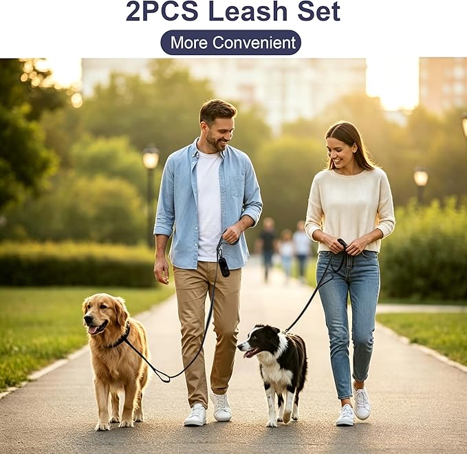2 Pack Dual Handle Dog Leash, 6ft x 1in Heavy Duty Reflective Nylon Leash with Padded Grip, Traffic Handle, D-Ring, Tangle-Free Dog Lead for Small, Medium & Large Dogs, Safe Night Walks (Black+Black)