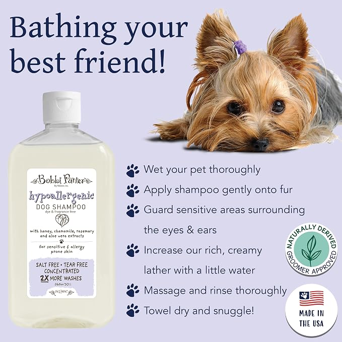 Bobbi Panter Hypoallergenic Dog Shampoo Honey, Aloe Vera, Chamomile & Rosemary – Dye & Fragrance Free Natural Formula for Sensitive & Allergy Skin, Tear-Free, 30:1 Concentrate, Made in USA, 14 oz