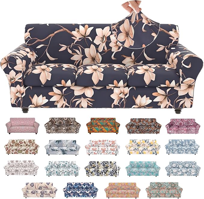 Stretch Couch Covers for 3 Separate Cushion Couch Sofa,Floral Printed Couch Sofa Cover,Washable Sofa Slipcover,Pet Friendly Furniture Protector with Elastic Bottom,Universal Fit for Home(Sofa,Cover)