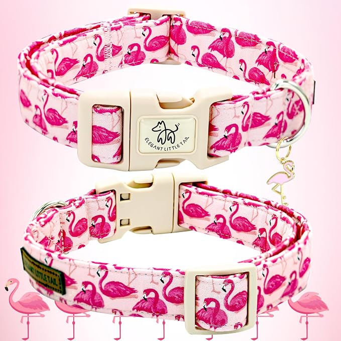Elegant little tail Dog Collar-Cute Pet Dog Collar Pink Flamingos Print Cotton Soft Girl Puppy Adjustable Pet Collars for Small Medium Large Dogs