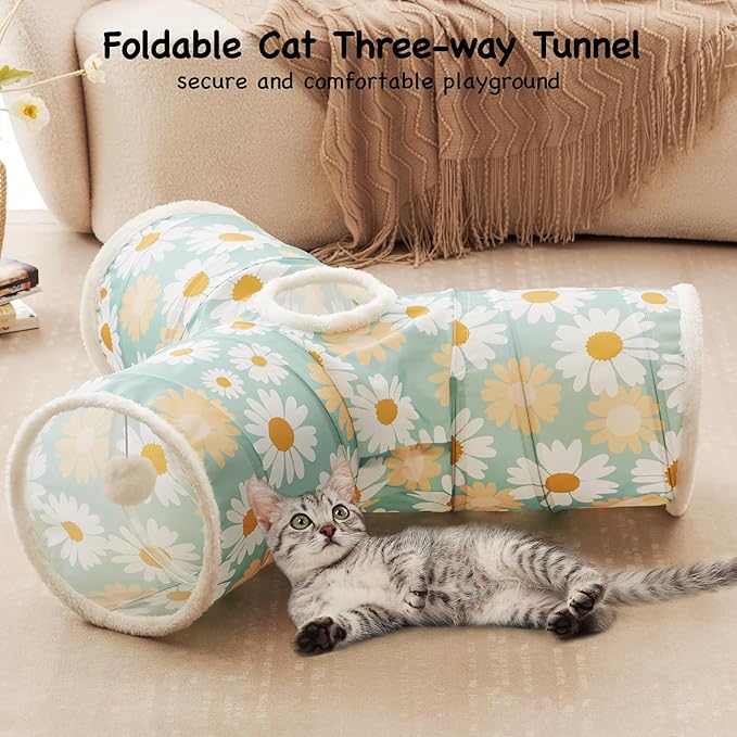 Tempcore Cat Tunnel for Indoor Cats, 3 Way Collapsible Pet Play Tunnel with Teaser Wand, Peek Holes & Hanging Ball, Interactive Tube for Kittens & Rabbits, Daisy Green Printed
