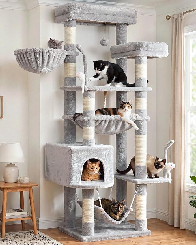 Gitelsnour Cat Tree, Cat Tower for Large Cats with 2 Big Platforms, 2 Baskets, condo and Toys, 63" Cat Scratching Posts for Indoor Cats, Light Gray GCT020W