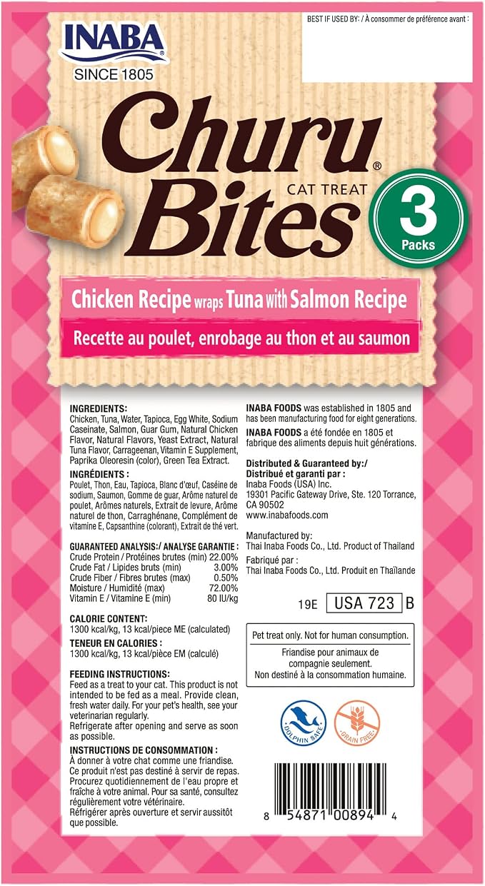 INABA Churu Bites for Cats, Soft Baked Chicken Churu Filled Cat Treats with Green Tea Extract, 0.35 Ounces Each Tube, 9 Tubes Total, Tuna with Salmon Recipe
