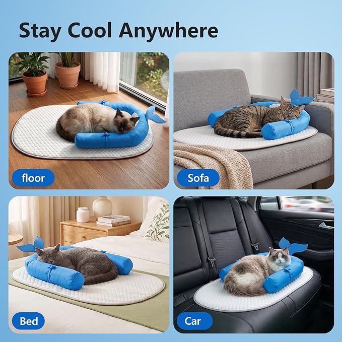 Cat Cooling Mat with Soft U-Shaped Pillow– Breathable Calming Cooling Pad for Cats– Portable Washable Summer Cooling Cat Bed for Indoor Or Travel Use,Blue Shark-2