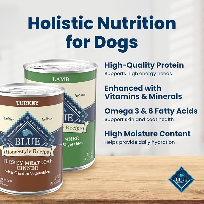Blue Buffalo Homestyle Recipe Wet Dog Food Paté Variety Pack, Turkey Meatloaf Dinner & Lamb Dinner with Garden Vegetables, Made with Natural Ingredients, 12.5-oz. Can (6 Count, 3 of Each)