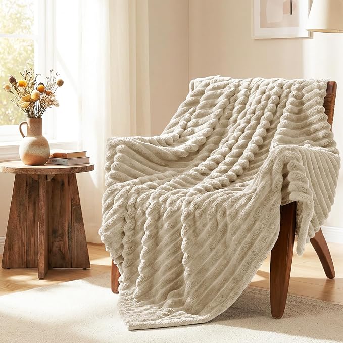 HIMEET Fleece Linen Throw XL Blanket for Couch - 300GSM Ribbed Soft Cozy Outdoor Blankets for Travel Camping Nap, Birthday Gifts for Women Men Her, Long Sofa Room Decor Office Throws, 50x70 Inches