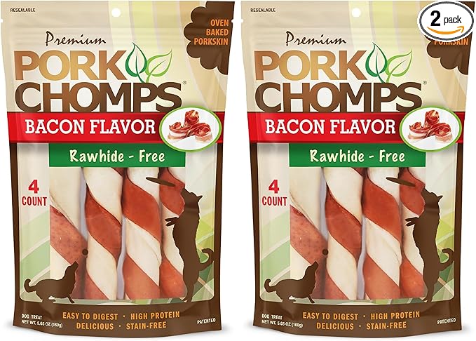 Pork Chomps Baked Pork Skin Dog Chews, 6-inch Twists, Bacon Flavor Wrap, 4 Count (Pack of 2)