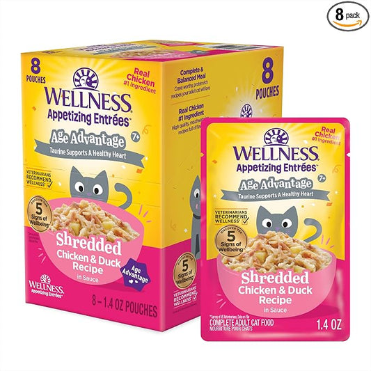 Wellness Appetizing Entrées Age Advantage Shredded Senior Wet Cat Food, Natural, Protein Rich, Grain Free, Chicken and Duck Recipe, 1.4 oz, Pack of 8 Pouches