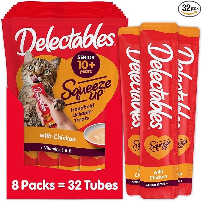 Delectables Squeeze Up Creamy Squeezable Puree, Lickable Wet Cat Treats, Grain Free, No Added Fillers, No By-Products, No Added Preservatives, 0.5 Ounces Senior Chicken, 32 Tubes Total