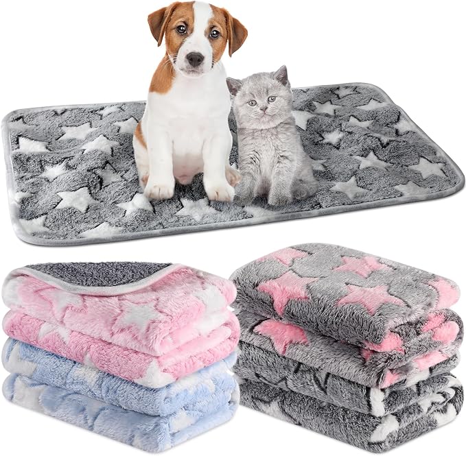 Tranqun 4 Pcs Waterproof Dog Blankets 24 x 16 Inch Washable Puppy Blankets for Small Dog Reusable Pet Pee Pad Soft Reversible Fleece Cat Blanket Sleep Floor Mat for Guinea Pig Cage Liners (Multicolor)
