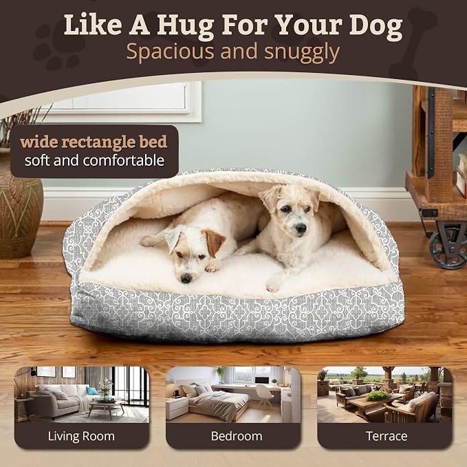 Snoozer Rectangle Cozy Cave Dog Bed - Indoor Dog Bed with Cover Cave, Covered Calming Burrow for Small & Medium Sized Pets with Blanket Attached, Enclosed, Washable Cover - Medium, Ramey Gray