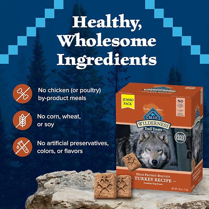 Blue Buffalo Wilderness Trail Treats Turkey Crunchy Dog Biscuits, Grain-Free & High-Protein, Bite-Sized Training Treats Made with Real Turkey & Natural Ingredients, 36-oz Bag