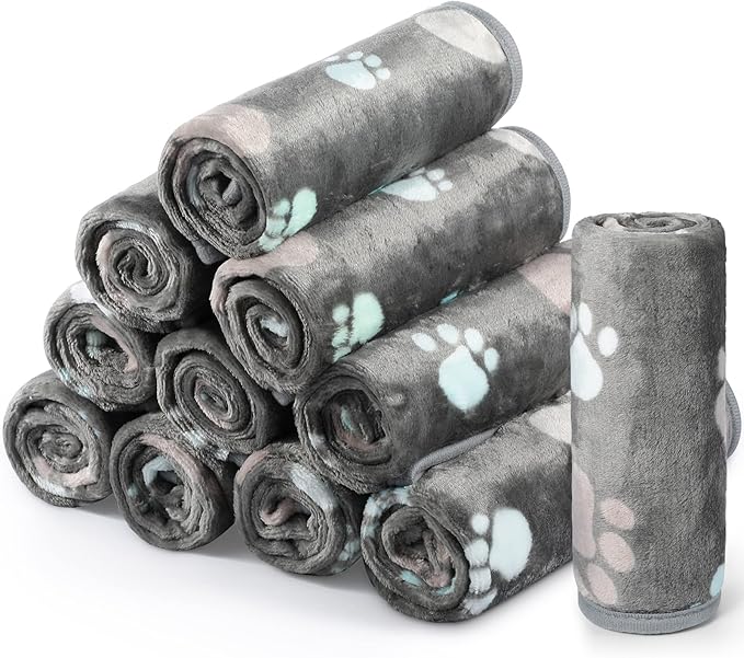 Tegeme 12 Pcs Pet Blankets 23 x 16 Inch Soft Fluffy Fleece Dog Cat Warm Paw Print Pattern Blankets Flannel Throw for Pets Dog Puppy Cat(Dark Gray)