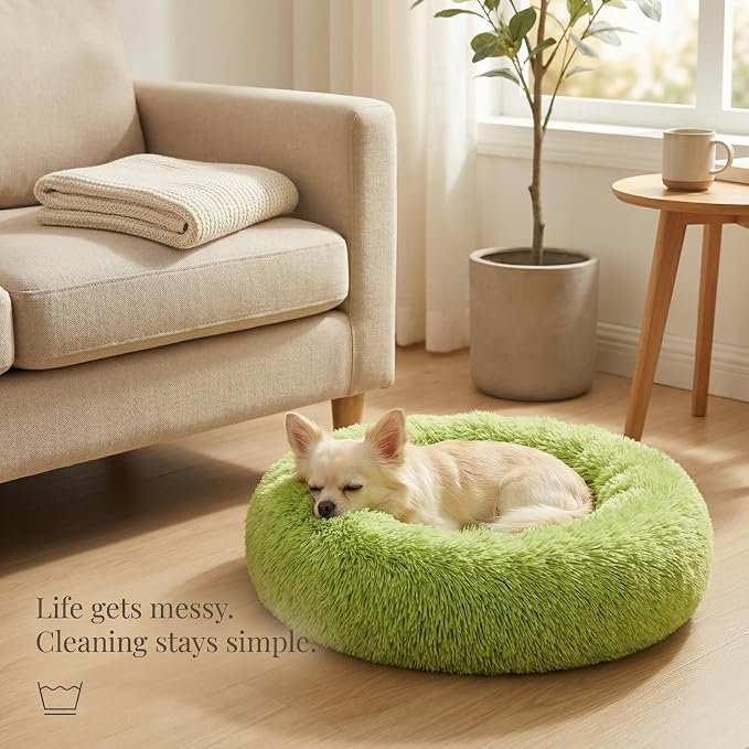 Calming Donut Dogs Beds for Small Dogs Washable,19inch Fluffy Round Puppy Bed for Puppies,Cats & Toy Breeds with Raised Rim,Fits up to 15 lbs Pets,Green