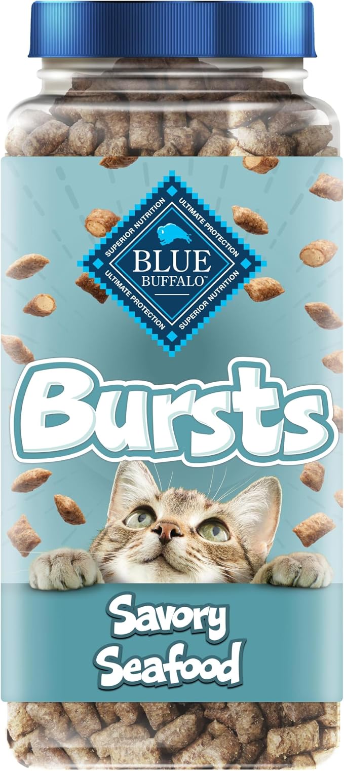 Blue Buffalo Bursts Savory Seafood Crunchy & Creamy Cat Treats, Great for Training, Real Salmon Natural Cat Treats Enhanced with Vitamins, Minerals & Other Nutrients, Tub 12 oz.