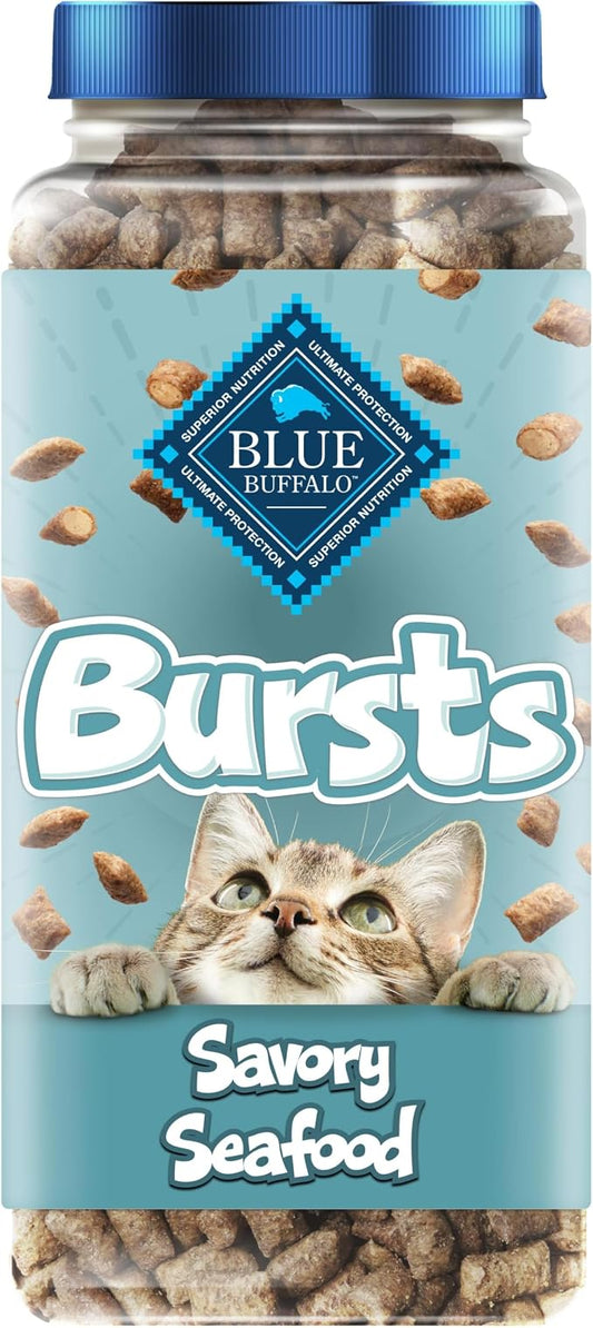 Blue Buffalo Bursts Savory Seafood Crunchy & Creamy Cat Treats, Great for Training, Real Salmon Natural Cat Treats Enhanced with Vitamins, Minerals & Other Nutrients, Tub 12 oz.