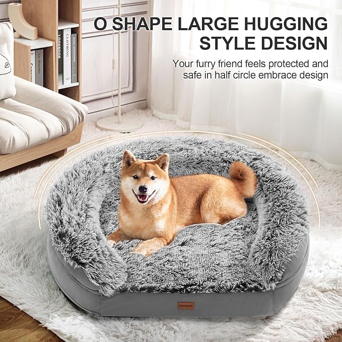 iweepet Fluffy Claiming Orthopedic Dog Beds for Medium & Large Dogs, Supportive Dog Sofa Bed with 3.7 inch 28D Egg-Crate Foam, Removable Washable Plush Cover, Waterproof Lining, 41'',Grey