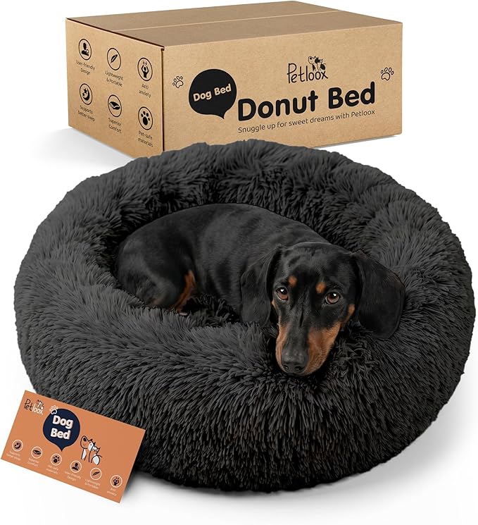 Donut Dog Bed - Premium Comfort for Anxiety Relief - Fluffy & Calming Design with Ultra-Plush Support | Cozy Round Dog Bed with Super Soft Circle Style (Black, Small)