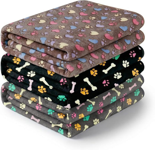 1 Pack 3 Blankets Premium Soft Fluffy Pet Flannel Blanket,Paw Printed Throw for Dogs, Cats and Puppies (Paw Bone Set, 30×20 inch, Pack of 3)