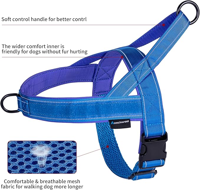 Annchwool No Pull Dog Harness with Padded Handle+5 Ft Leash,Reflective Strip Escape Proof and Quick Fit to Adjust Dog Harness,Easy for Training Walking for Small & Medium and Large Dogs(Blue-Set,S)