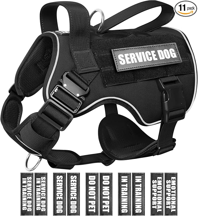 WINSEE Tactical Dog Harness for Medium Dog, Heavy Duty Service Working MOLLE Vest with 10 Pet Patches, 2X Metal Buckle Vest for Training Hunting Walking