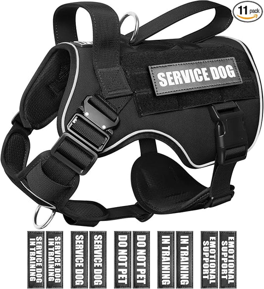 WINSEE Tactical Dog Harness for Medium Dog, Heavy Duty Service Working MOLLE Vest with 10 Pet Patches, 2X Metal Buckle Vest for Training Hunting Walking
