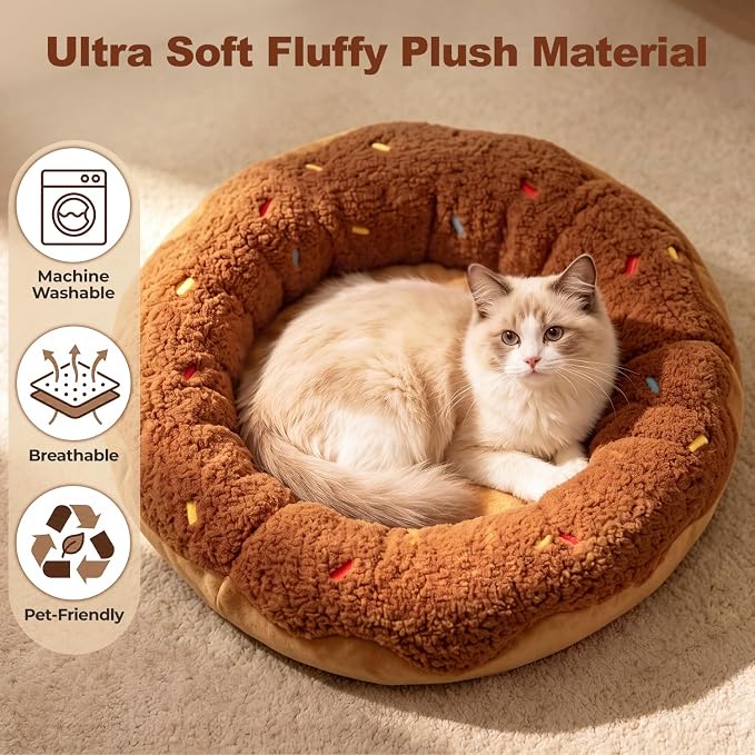 Donut Cat Bed for Indoor Cats, 21" Washable Round Pet Bed for Cats & Small Dogs, Soft Fluffy Plush Calming Bed for Kitten and Puppy with Anti-Slip Base