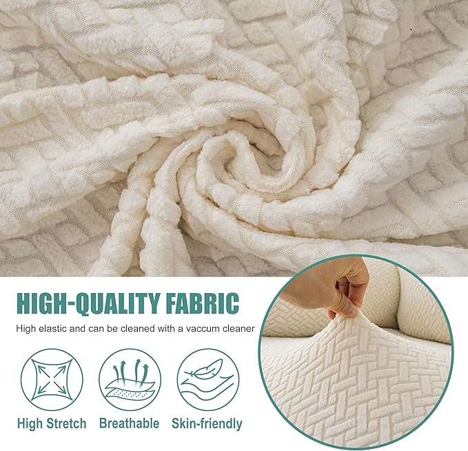 Genina Recliner Loveseat Covers with Console, Stretch Reclining Sofa Covers, 2 Seater Couch Cushion Stripe Jacquard Recliner Slipcovers - Furniture Protector Covers for Pet Kid (Beige)