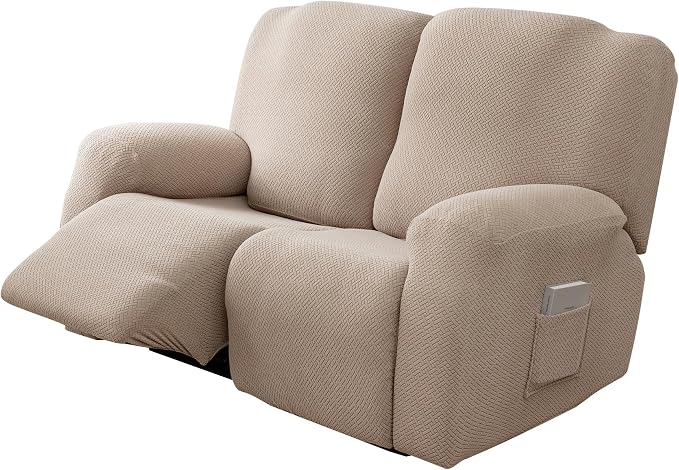 Genina Recliner Loveseat Covers, Stretch Reclining Sofa Covers, 2 Seater Couch Cushion Stripe Jacquard Recliner Slipcovers - Furniture Protector Covers for Pet Kid (Taupe)