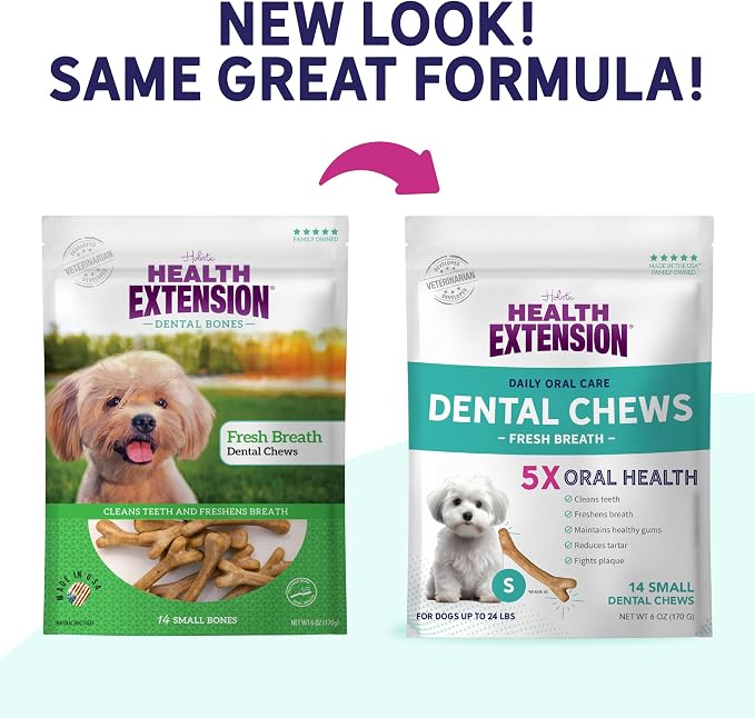 Health Extension Fresh Breath Dental Bones for Dogs, 14 Small Bones, Freshens Breath, Cleans Teeth, Healthy Gums, Training or Reward, 6 oz Bag (Pack of 1)
