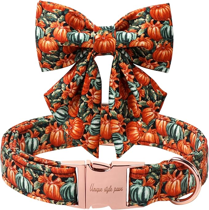 Unique style paws Cartoon Dog Collar with Bowtie Autumn Halloween Puppy Collar with Oil Painting Pumpkin for Small Medium Large Boys Girls Dogs