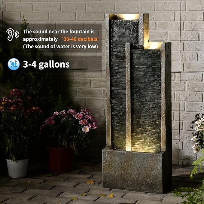 35” Modern Double Column Waterfall Fountain - Outdoor Water Fountain with LED Lights, Freestanding Waterfall Feature for Garden, Patio, Deck, Porch, and Home Decor, Rectangular Resin Design