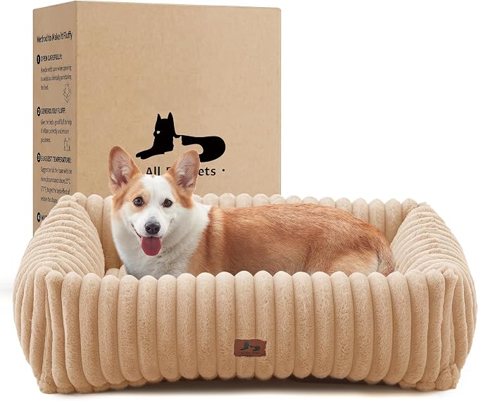 Dog Beds Large Sized Dog,Rectangle Orthopedic Pet Bed for Large Dog, Comfort Fluffy Memory Foam Dog Beds with Anti-Slip Bottom,Camel(35x25x9inchs)